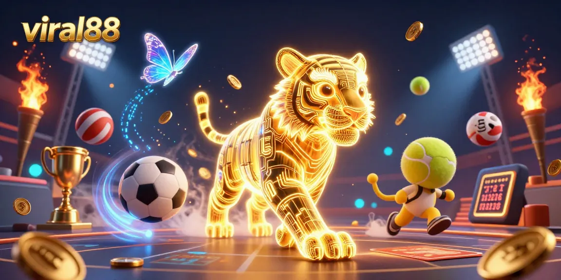 Menangkan permainan dengan viral88, tumpukan koin emas dan bola olahraga mengelilingi karakter utama dalam ilustrasi kasino digital.