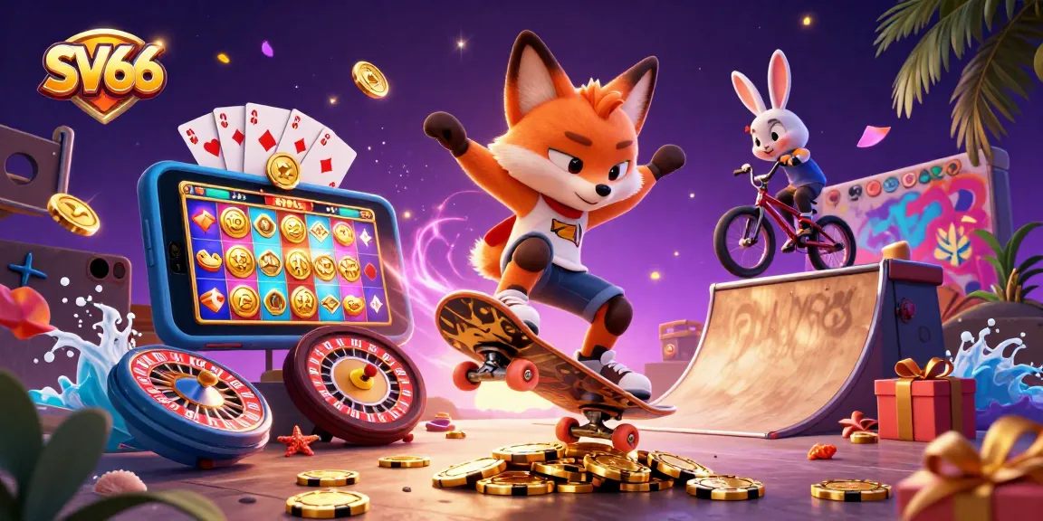 Experience dynamic gameplay with SV66 as a 3D skateboarder fox performs a kickflip over treasure.