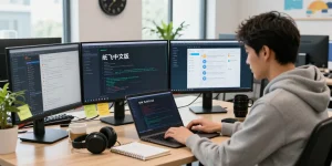 Discovering features of 纸飞机中文版 in a tech workspace with a developer coding on multiple screens.