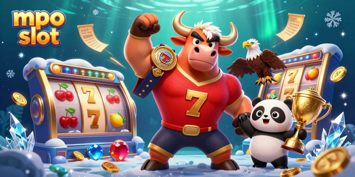 Spin the reels of mpo slot with a victorious bull mascot, eagle, and panda celebrating wins in a vibrant casino scene.