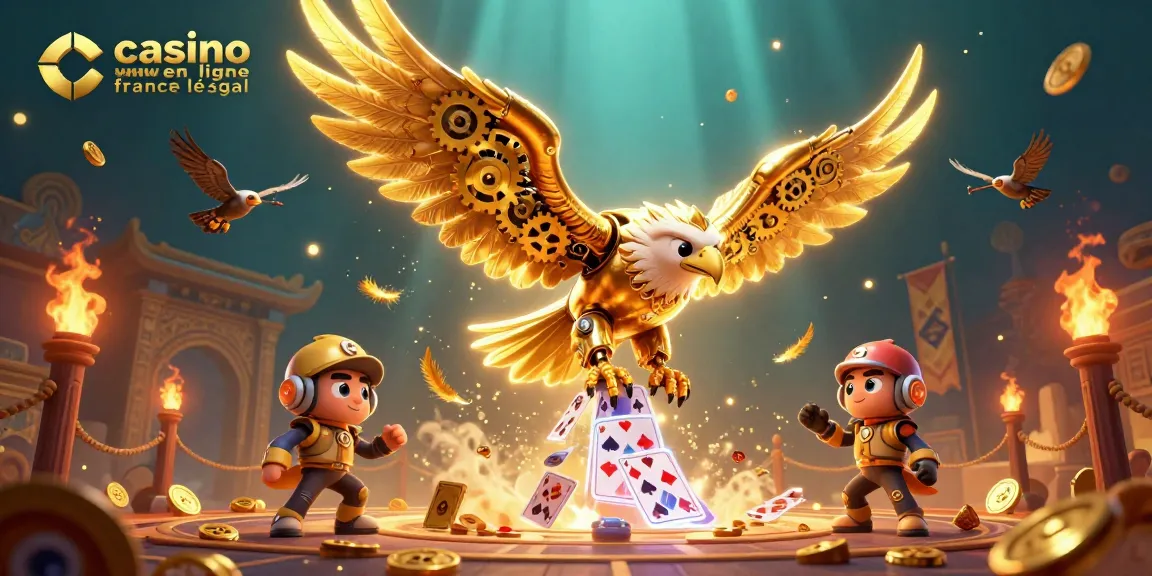 Illustration d'un jeu au casino en ligne légal en France avec un aigle cybernétique et des jeux de cartes.