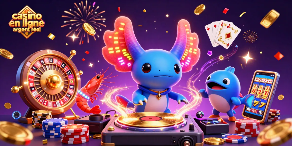 Profitez d'une scène dynamique de casino en ligne argent réel avec un DJ axolotl vibrant et des éléments colorés.