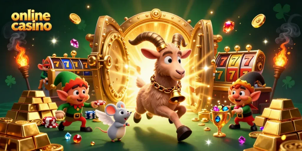 Experience a lively online casino scene with a Krampus goat, angel mouse, and elf gremlins amid treasures.