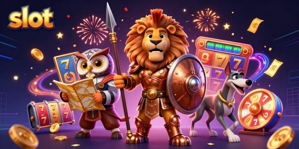 Slot dengan lion Spartan dan elemen kasino yang meriah, menghadirkan keberuntungan.
