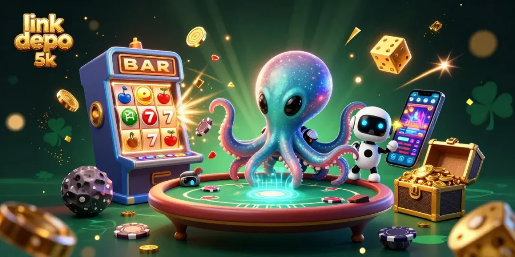 Spin and win at link depo 5k with a thrilling cosmic casino scene featuring an alien octopus!