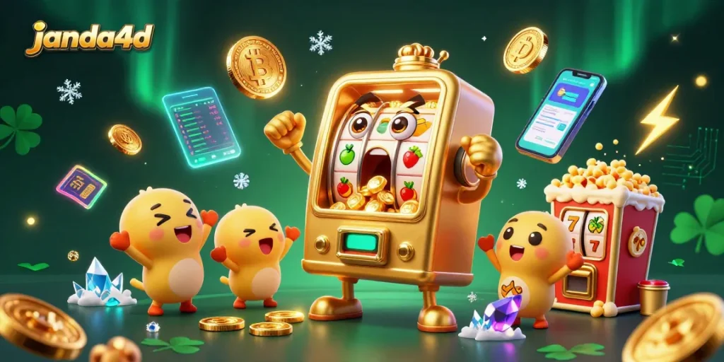 Mesin slot janda4d menikmati jackpot sementara koin bersinar terbang di sekitarnya.