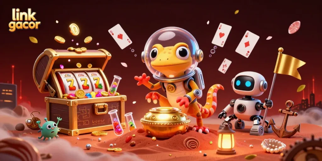 Win jackpots with link gacor in this vibrant 3D casino illustration featuring Martian characters.