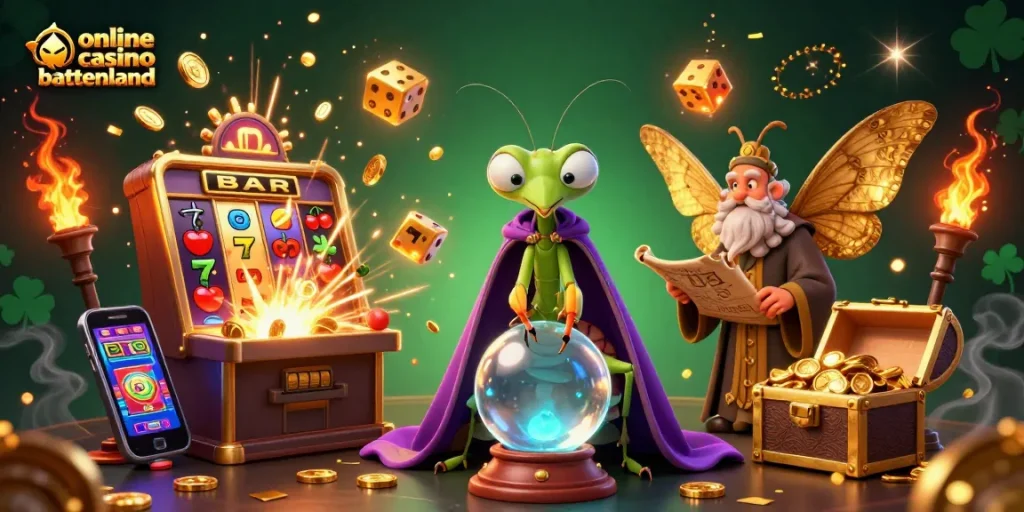 Experience online casino buitenland magic with a whimsical 3D illustration featuring a fortune teller and jackpot bursts.