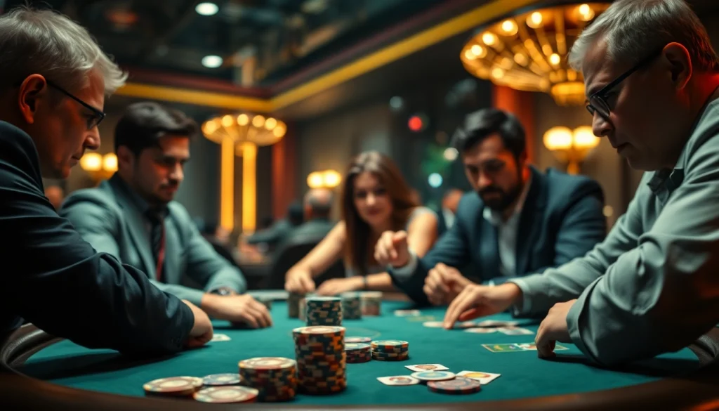 Barudak78 pemain poker fokus di kasino dengan chip dan kartu.