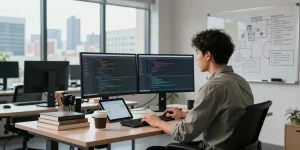 Engineer coding NAGA2000 in a modern tech workspace, showcasing dual monitors, whiteboard, and city skyline.