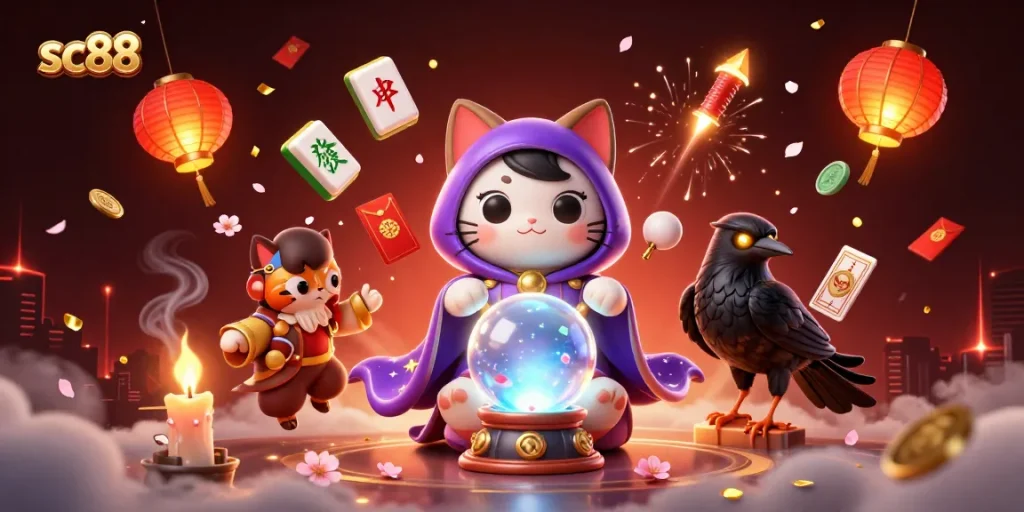 Engage with sc88's immersive gaming experience featuring vibrant casino elements and mystical characters.