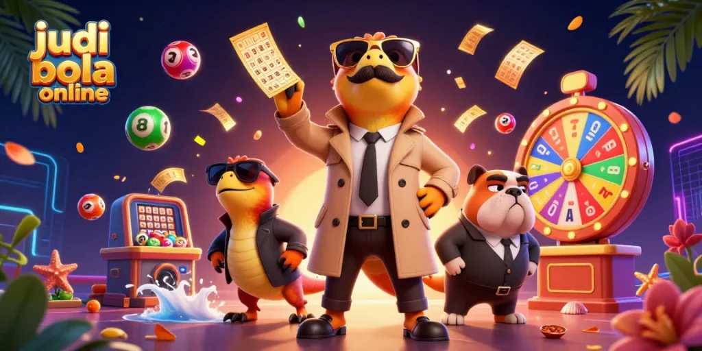 Engage in judi bola online with a humorous scene featuring raptors entering a casino lounge.