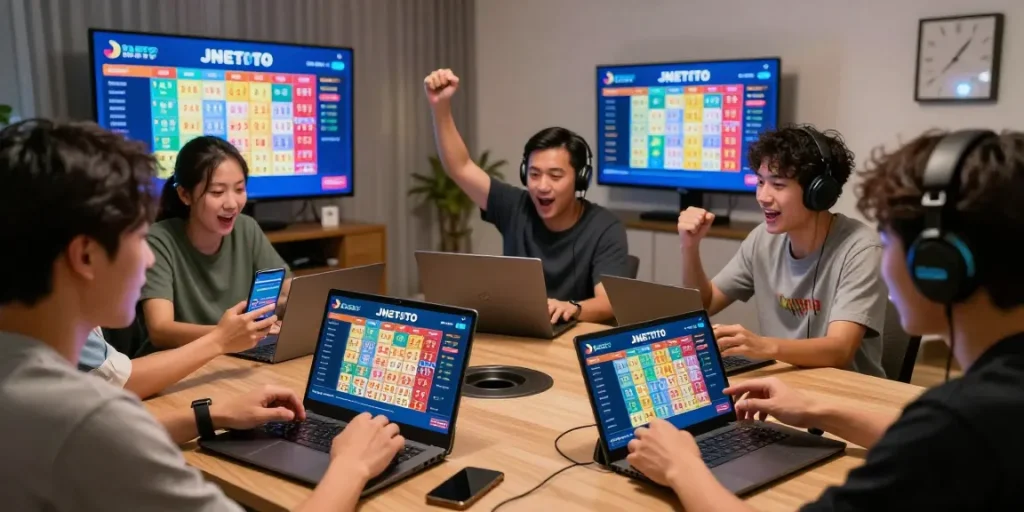 Excited players engaging with JNETOTO for real-time lottery results.
