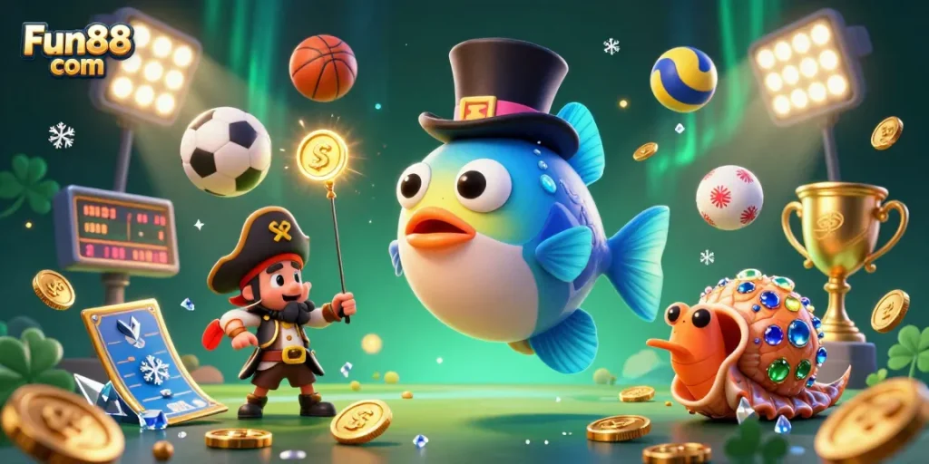 Experience Fun88 com with this vibrant casino-themed illustration featuring dynamic sports betting elements.