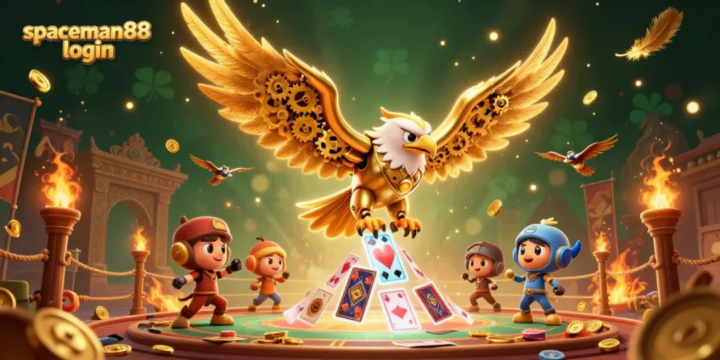 Engage with spaceman88 login as a dazzling 3D scene of a golden eagle diving through holographic cards.