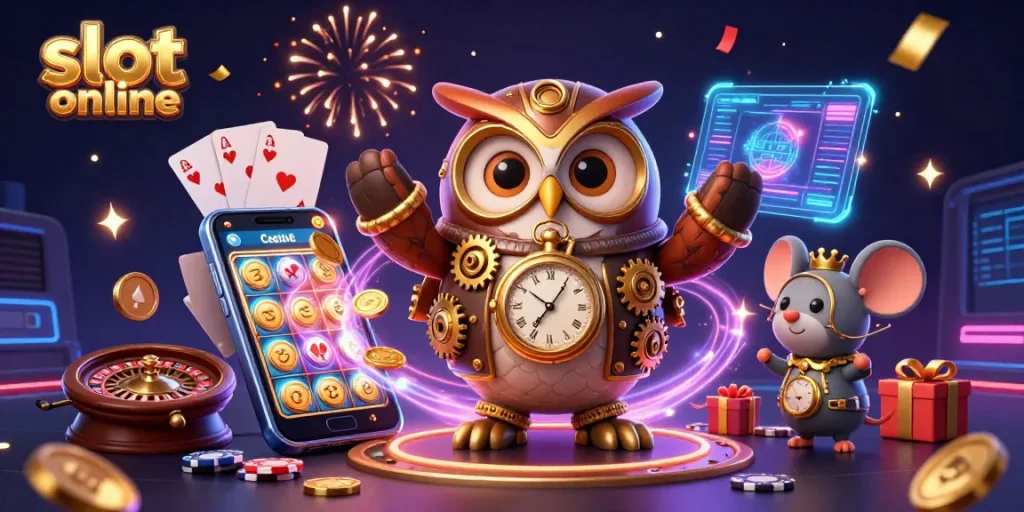 Play thrilling slot online games with a cartoon owl and vibrant casino elements.