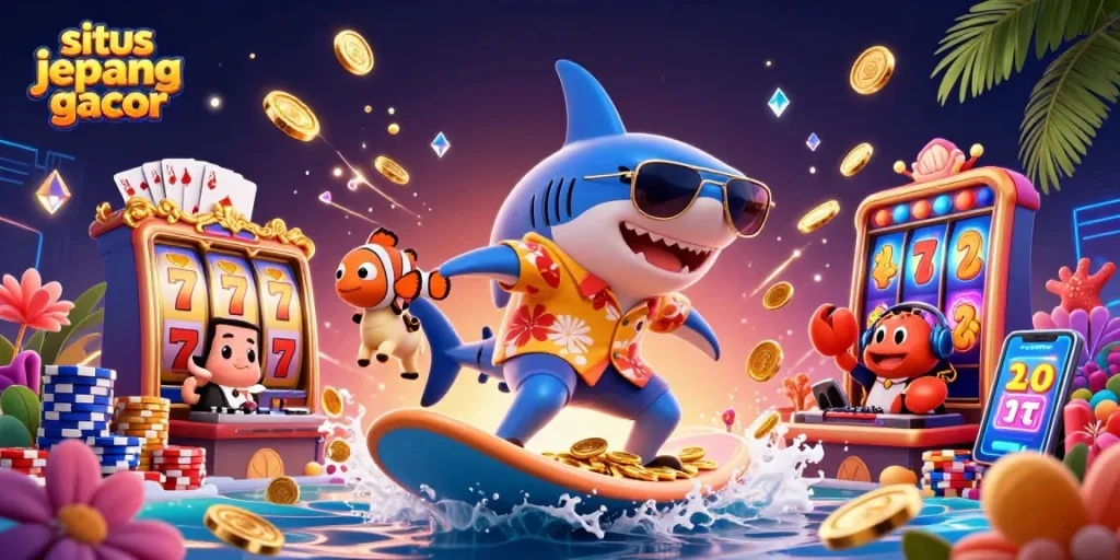Situs Jepang Gacor features an exciting underwater casino scene with a shark, clownfish, and DJ crab surrounded by jackpot slots.