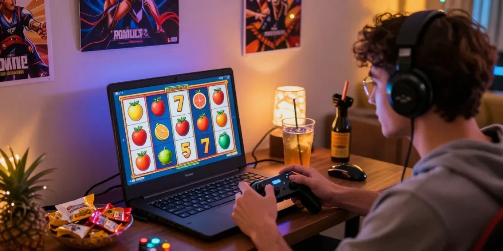 Pengguna Nagahitam303 bermain slot online dengan suasana ceria dan dekorasi menarik di ruang tamu.
