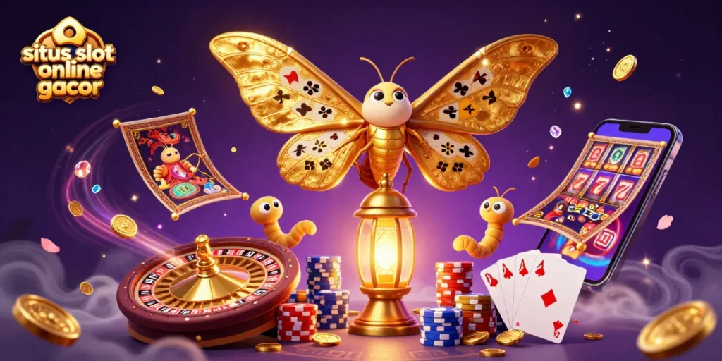 Menggoda pengalaman bermain di situs slot online gacor dengan ilustrasi kasino yang ceria dan penuh warna.