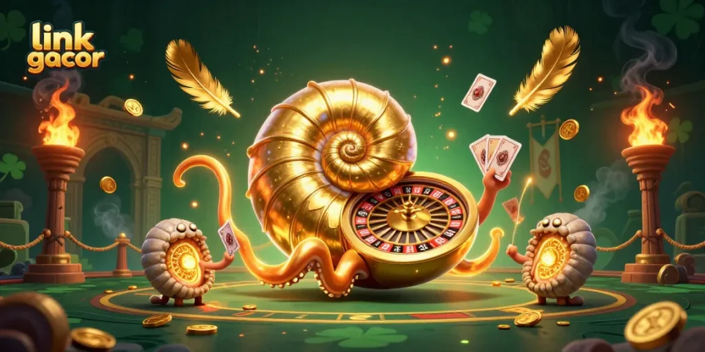 Spin the link gacor roulette wheel with an ancient nautilus and glowing companions in a vibrant casino scene.