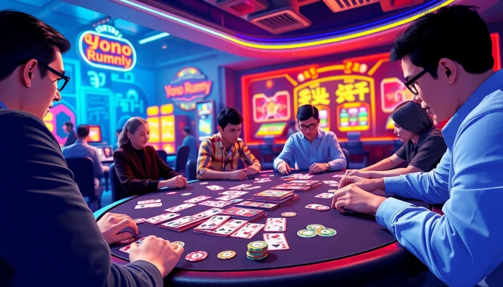 Players engaging in Yono Rummy with colorful cards and chips in a vibrant digital gaming environment.