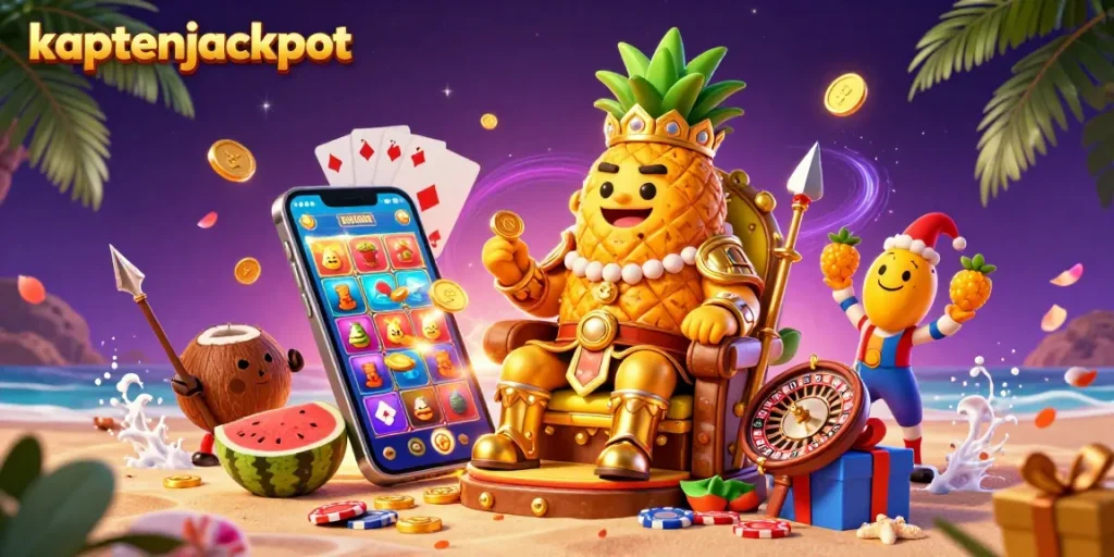 Experience the excitement of kaptenjackpot with a vibrant casino scene featuring a golden pineapple king and dynamic game elements.