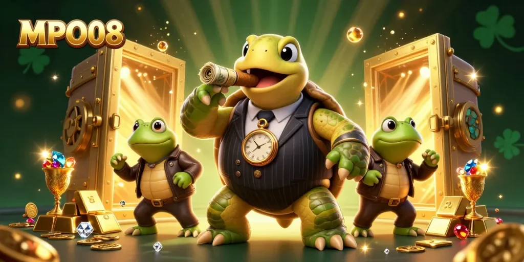 MPO08 offers dynamic gaming experiences with a massive snapping turtle mobster, surrounded by rich casino elements.