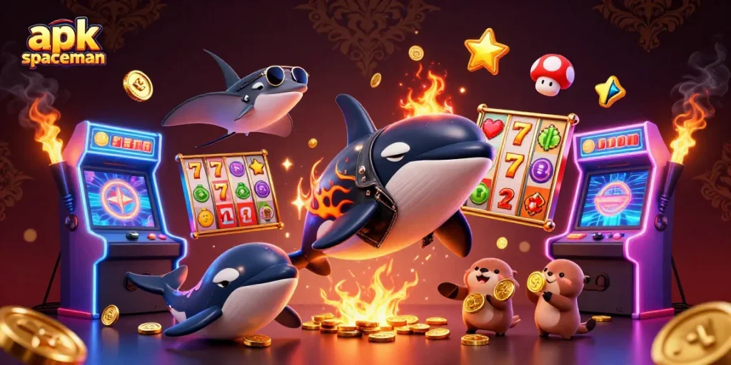 Win big with apk spaceman as an orca, stingray, and otters celebrate in a vibrant casino scene.
