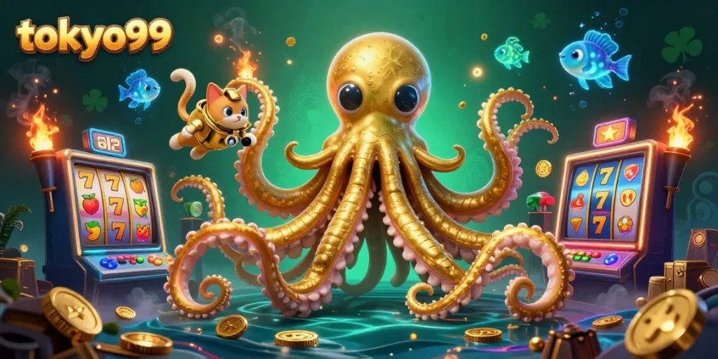 Judul tokyo99 menampilkan kraken 3D dengan tentakel emas dikelilingi simbol mesin slot bersinar.