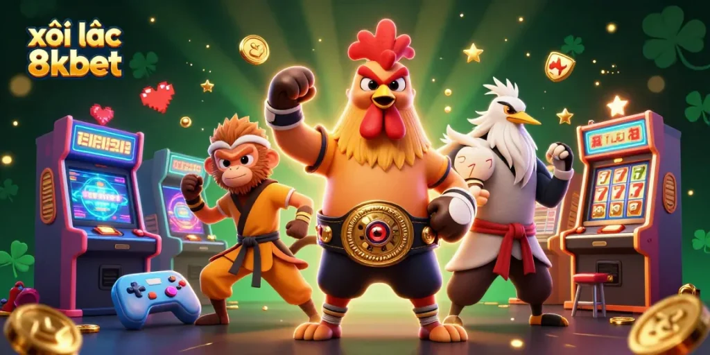 Engage with xôi lạc 8xbet in this vibrant 3D casino scene full of dynamic gaming elements.